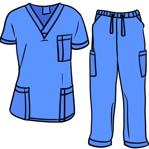 A blue short-sleeved scrub top and pair of scrub pants.